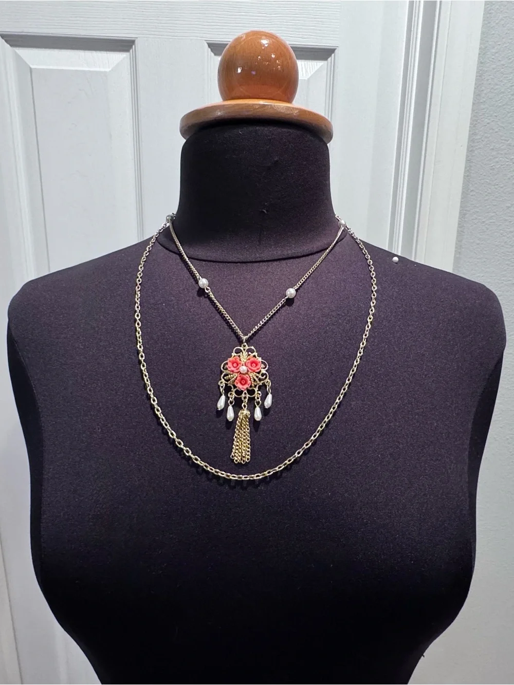 VTG Victorian Revival Double Strand Faux Coral Rose & Pearl Tassel Necklace